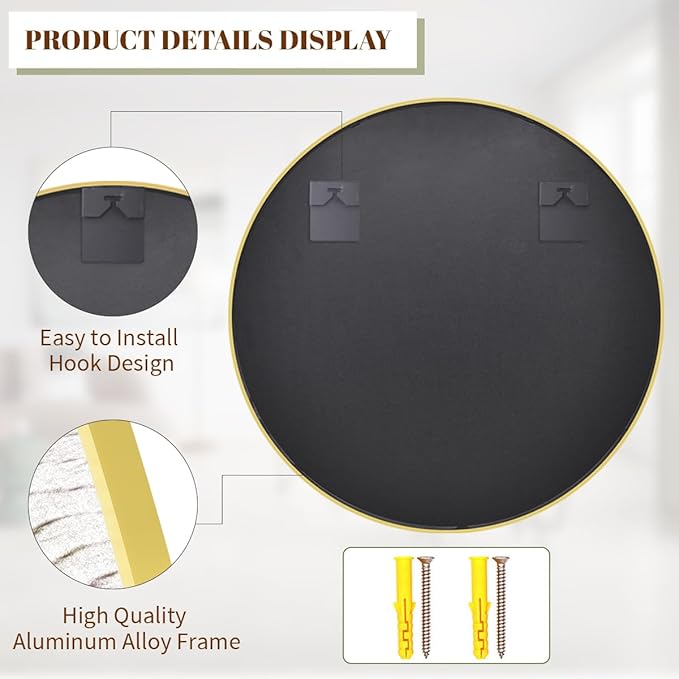 BEAUTYPEAK 30 Inch Round Mirror, Metal Frame Circle Mirror, Wall Mounted for Entryway, Bathroom, Vanity, Living Room, Gold