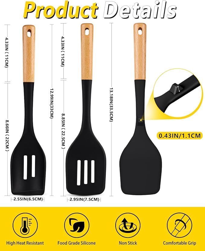 Pack of 4 Silicone Kitchen Utensils Set, Non Stick Solid Spatulas and Heat Resistant Slotted Spoons with Wooden Handle, Ideal BPA Free Cooking Utensils for Mixing,Serving,Turning,Stirring(BLACK)