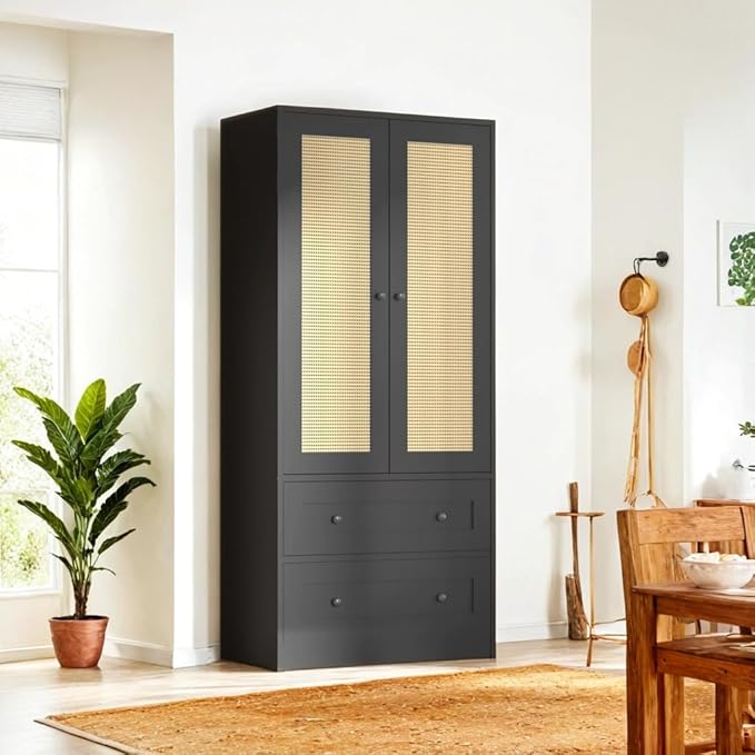 64.2" Tall Rattan Black Kitchen Pantry, Storage Cabinet with Doors and Drawers, Freestanding Wooden Organizer for Kitchen, Dining Room