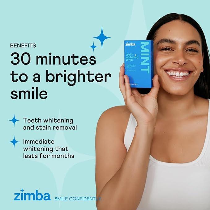 Zimba Teeth Whitening Strips Vegan Whitening Strip Enamel Safe Teeth Whitening Hydrogen Peroxide Teeth Whitener for Coffee, Wine, Tobacco, and Other Stains, 28 Strips (14 Day Treatment), Mint