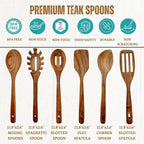Wooden Utensils for Cooking, Premium Teak Healthy Spoons, Wooden Spoons for Cooking, Durable Eco-Friendly and Safe Teak Cooking Spoon, Cooking Gifts for Mom (set of 6) and Hooks
