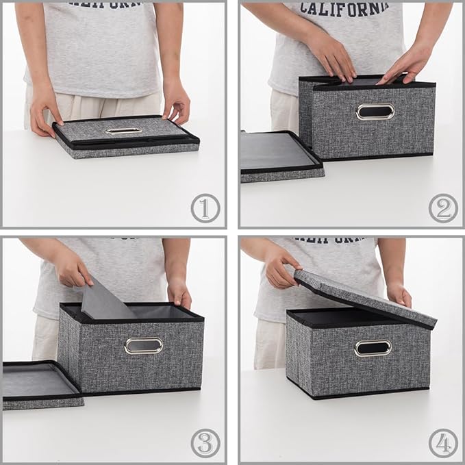 PRANDOM Storage Bins with Lids [3-Pack] Linen Fabric Foldable Storage Boxes Organizer Containers Baskets Cube with Cover for Home Bedroom Closet Office Nursery Grey（11.4X8.6X6.7