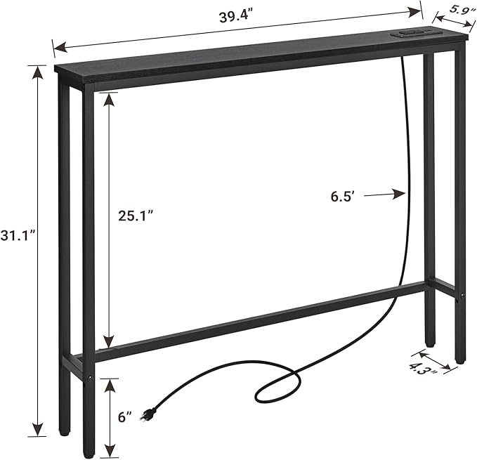 ELYKEN 5.9" Narrow Console Sofa Table with Power Outlets, 5.9" Dx39.4 Wx31.1 H Long Black Behind Couch Table with Metal Frame and Charge Station with 6.5’ Extension Cord