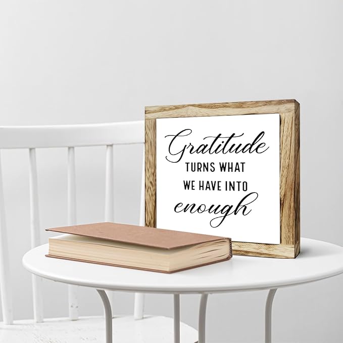 Rustic Wood Sign, Gratitude Turns What We Have Into Enough Sign, Wooden Plaques Table Decor, Inspirational Desk Decorate, Home Office Decor, Thankful Quote Signs, Small Wooden Box Signs