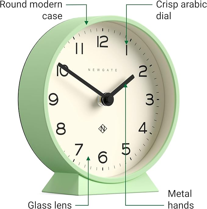 NEWGATE® M Mantel Echo Desk Clock | Modern Round Design | Neo Mint Green | Easy to Read Numbers | Contemporary Style for Desk, Table, Shelf or Bedside