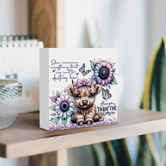 Cute Highland Cow Baby Decor, Highland Cow Sunflower Decor, Highland Cow Gifts for women, Highland Cow Nursery Decor, Wooden Box Decor Sign for Home Farmhouse Office Living Room Table Shelf