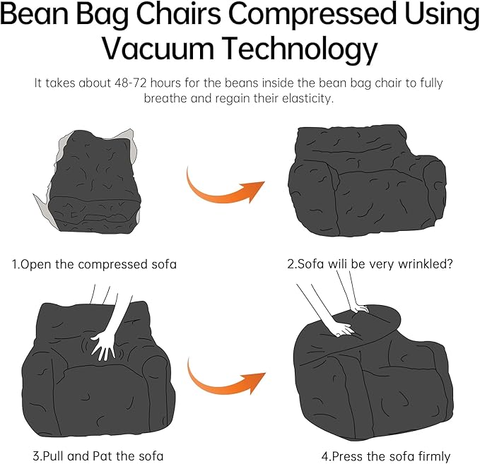 Bean Bag Chair with Filler, Bean Bag Sofa with Tufted Soft Stuffed Filling, Fluffy and Lazy Sofa, Comfy Cozy BeanBag Chairs with Memory Foam for Dorm, Apartment, Living Room (Black)