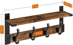 Homode Coat Rack Wall Mount with Shelf, Wood Wall Hooks with Shelf, Heavy Duty Entryway Shelf with Hooks with 4 Metal Hangers for Hanging Key Towel Hat Purse, Bathroom Bedroom, Rustic Brown Black