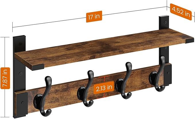 Homode Coat Rack Wall Mount with Shelf, Wood Wall Hooks with Shelf, Heavy Duty Entryway Shelf with Hooks with 4 Metal Hangers for Hanging Key Towel Hat Purse, Bathroom Bedroom, Rustic Brown Black
