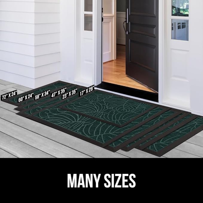 GORILLA GRIP 100% Waterproof All-Season WeatherMax Doormat, 34x58, US Designed Natural Rubber, Stain and Fade Resistant, Low Profile Indoor Outdoor Door Mats, Easy Clean Patio Mat, Green Palm