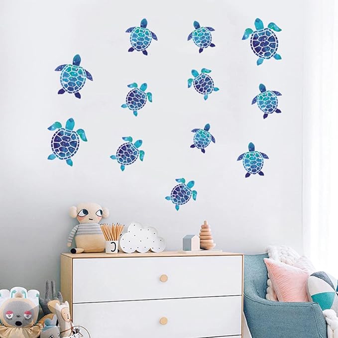 12pcs Sea Turtle Vinyl Stickers Underwater Ocean Decals Waterproof Wall Sticker Home and Bedroom Decoration, DIY Accessories, Blue