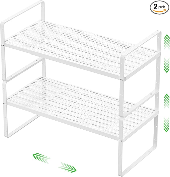 Expandable Cabinet Storage Shelf Stackable Organizer Rack for Kitchen Bathroom Pantry Spice Cupboard Coffee Countertop Home Office Desk Heavy Duty Nonslip White Small 2 Packs