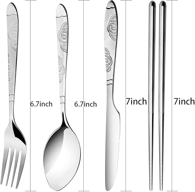 6 Pack Reusable Flatware Sets Knife, Fork, Spoon, Chopsticks, 24Pcs Portable Travel Stainless Steel Tableware Dinnerware with Carrying Case