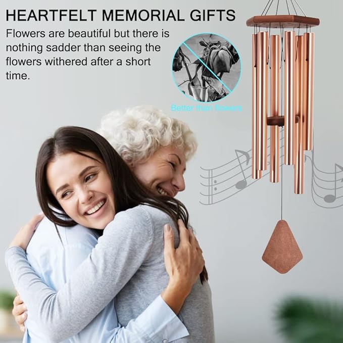 Wind Chimes Outdoor Large Deep Tone, 44 Inch Sympathy Wind Chime Outdoor, Memorial Wind-Chime with 6 Tuned Tubes, Elegant Chime for Garden, Patio, Balcony and Home Decor, Rose Gold