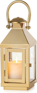 NUPTIO Gold Lanterns Decorative Indoor: 8.6 Inch Tall Metal Lantern with Glass for Pillar Candle - Fireplace Decor for Christmas Home Living Room Mantle Porch Wedding
