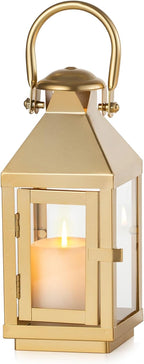 NUPTIO Gold Lanterns Decorative Indoor: 8.6 Inch Tall Metal Lantern with Glass for Pillar Candle - Fireplace Decor for Christmas Home Living Room Mantle Porch Wedding