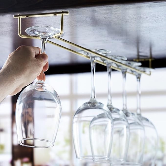 Soro Essentials- 24" Glass Hanging Stemware Rack Brass Plated Set of 2- Wine Glass Hangers Under Shelf Cabinet Wire Wine Holder Storage Hanger for Cabinet Kitchen Bar or Home