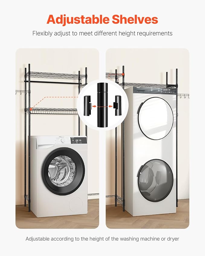 VEVOR Over The Washer and Dryer Storage Shelf, 4 Tier Laundry Room Drying Rack with Hanger Rod and Hooks, Adjustable Over Washer and Dryer Shelves, Laundry Room Shelf Storage Space Saver, Black