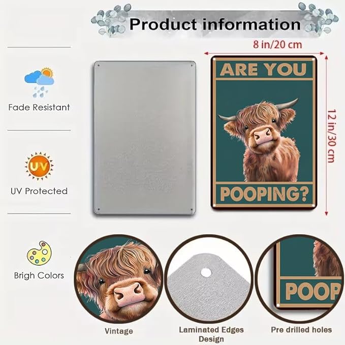 Vintage Highland Cow Tin Sign: Funny "Are You Pooping?" Bathroom Wall Decor for Western & Highland Cow Lovers 8 x 12 Inch (3039)