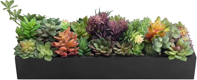 MyGift Artificial Succulent Centerpiece,15.75 Inch Faux Succulents Arrangement Plants in Sleek Black Wooden Rectangular Planter Box