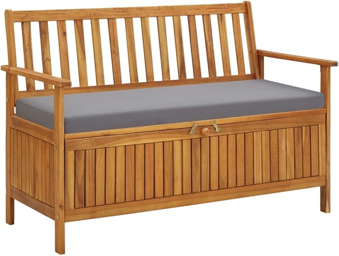 vidaXL Patio Storage Bench 47.2", Solid Acacia Wood, Dark Gray Cushion, Ample Storage Compartment, Rustic Style, Home and Garden Furniture