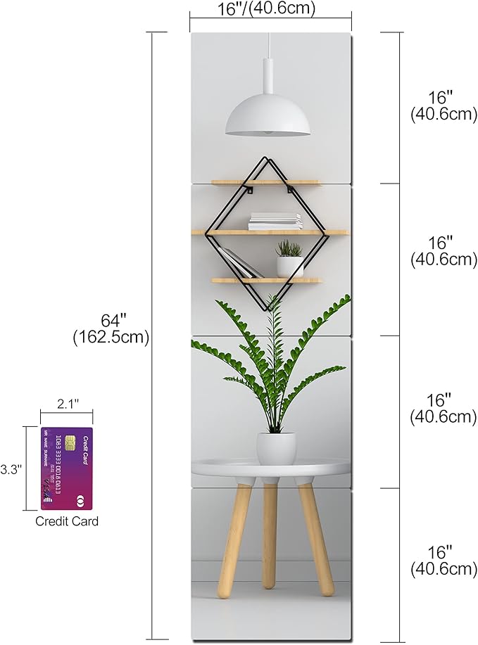 Shatterproof Wall Mirror Full Length for Bedroom, Acrylic Gym Mirrors For Home, Extra Thick: 0.12 inch, 16 x 16 inch x 4 Pcs, Workout Mirrors Safe for Kids, Over The Door, Long Wall Mounted
