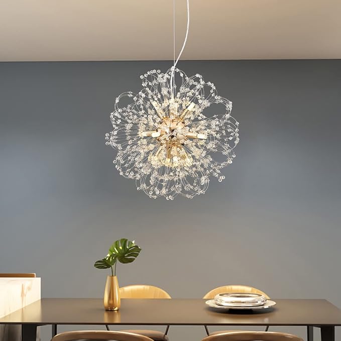 Modern Dandelion Chandelier, Sputnik Crystal Beaded Ceiling Lamp with Gold Finish, Round Sunflower Pendant Light Fixtures for Dining Room Bedroom Foyer Farmhouse (Gold 12Lights)