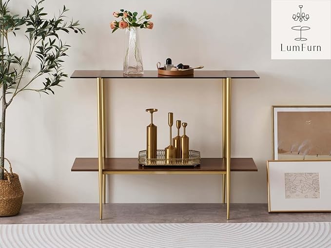 Glass Console Table for Living Room, Foyer & Entrance, 2-Tiers Mid-Century Modern Sofa Table with Amber Glass Top, Walnut Finish Wood Shelf and Gold Finish Frame
