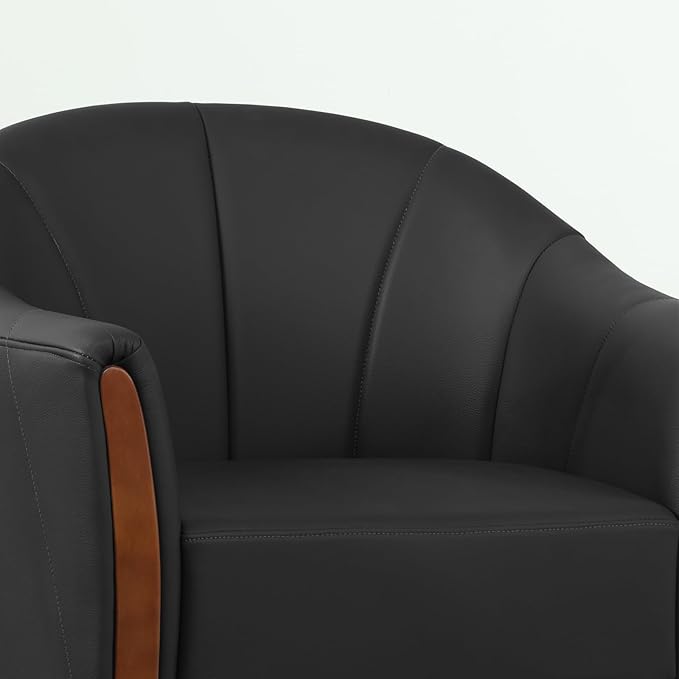 360° Swivel Accent Chair, Modern Leather Barrel Club Chair with PU Leather Upholstery and Sturdy Wood Base, Comfortable Armchair for Living Room, Bedroom, Reading Nook, Black