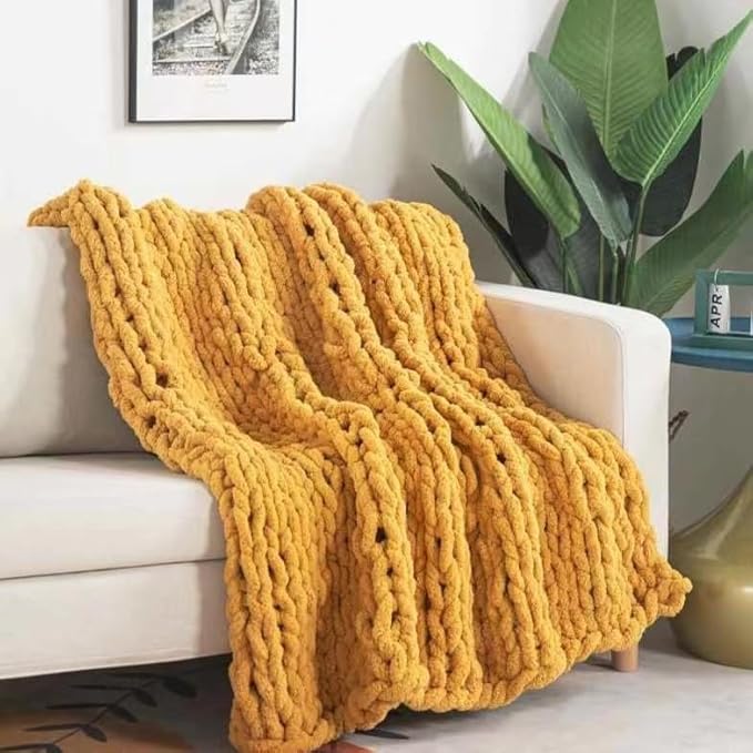 Chunky Knit Blanket Throw 40"×40", Hand Knitted Warm Chenille Throw Blanket, Home Decor Soft Thick Yarn Cable Knit Blanket,Soft Breathable Fleece Banket Christmas for Couch Bed Sofa Best Gift (Yellow)