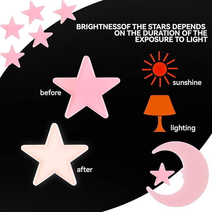 100 Stars and 1 Moon Glow in The Dark Luminous Fluorescent 3D Plastic Glow Stars Moon for Ceiling, Glowing Wall Stickers Create a Realistic Starry Sky, Room Decorations (Pink)