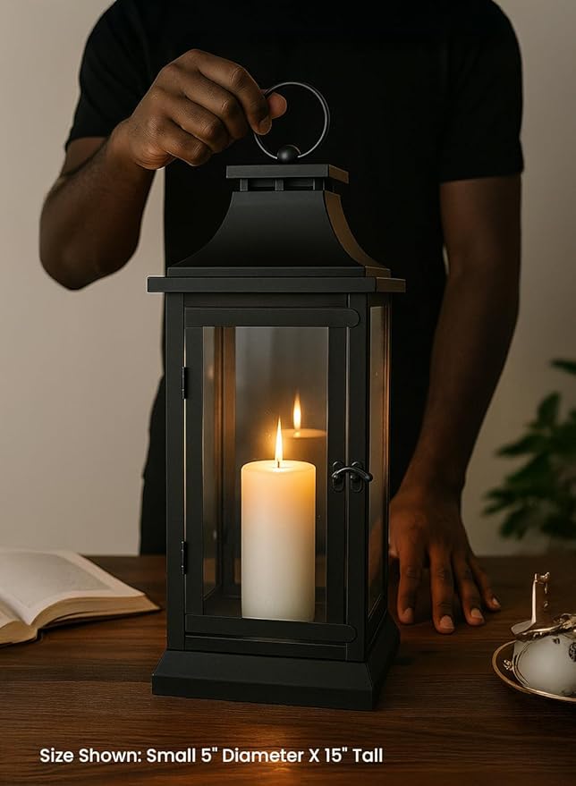 Serene Spaces Living Black Metal Hurricane Lantern with Clear Glass – 15" Tall, 5" Square. Versatile Hanging/Tabletop Candle Holder for Weddings, Parties, Indoor & Outdoor Home décor.