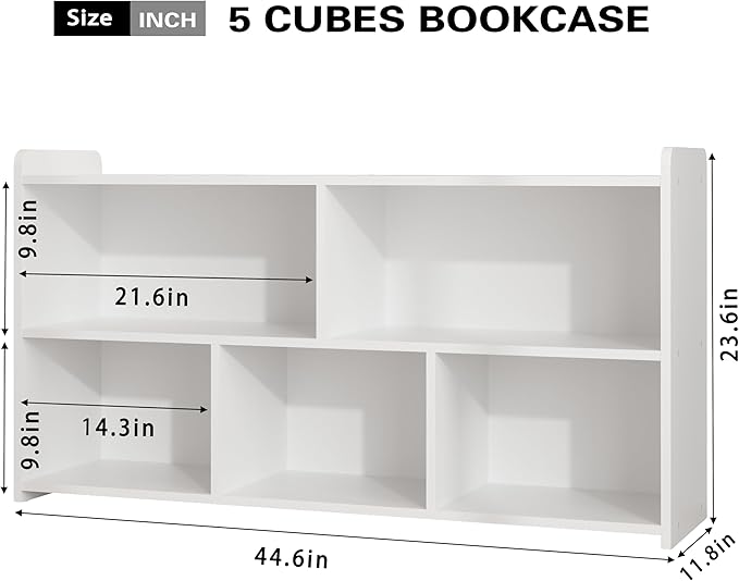 Book Shelf, 5 Cubes Storage Organizer, Open Shelf Wooden Bookcase, Freestanding White Bookshelf Cube Shelf for Bedroom, Living Room, Home Office