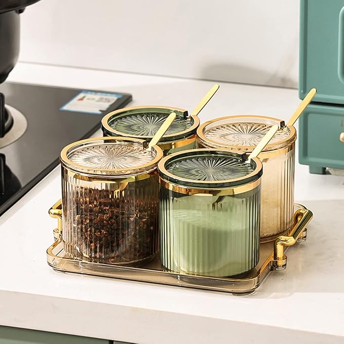 Acrylic Condiment Spice Jars,Condiment Spice Box With Lids and Spoons and Tray,Clear Plastic Condiment Canisters,Seasoning Box 4 Pack,Seasoning Box Set for Kitchen to Storage Salt,Paprika,Sugar