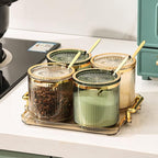 Acrylic Condiment Spice Jars,Condiment Spice Box With Lids and Spoons and Tray,Clear Plastic Condiment Canisters,Seasoning Box 4 Pack,Seasoning Box Set for Kitchen to Storage Salt,Paprika,Sugar