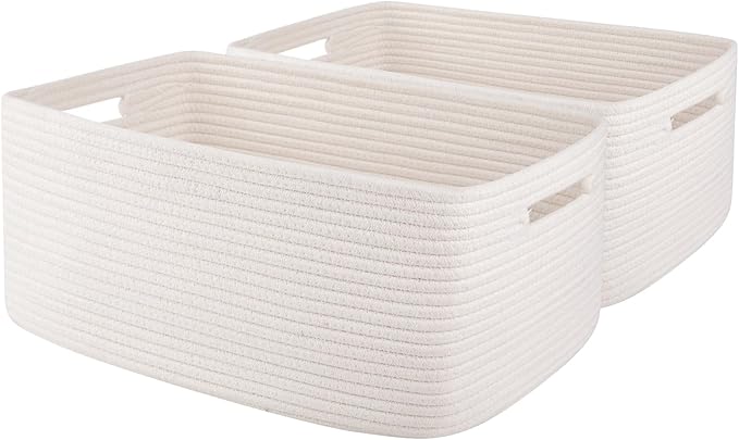 OIAHOMY Storage Basket for Shelves, Closet Cube Storage Bins Baskets for Clothes Blanket Towels, Baby Nursery, Toy Baskets Box, Woven Rope Basket, 17.72*12.99*7.87 IN, 2 Packs White
