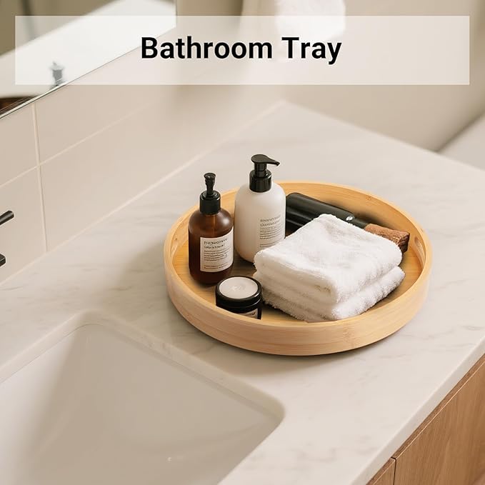 12in Bamboo Lazy Susan Organizer for Countertop and Cabinet with Large and Stable Chassis,Round Rotating Bamboo Tray for Station Organizer,for Kitchen Bathroom Laundry Room (12in)