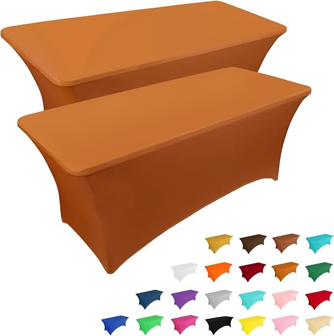 IVAPUPU 2 Pack 6FT Table Cloth for Rectangular Fitted Events Stretch Caramel Table Covers Washable Spandex Tablecloth Protector for Party, Wedding, Cocktail, Banquet, Festival