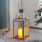 JHY Design Silver Decorative Lanterns 16inch High Stainless Steel Candle Lanterns with Tempered Glass for Indoor Outdoor Events Parities and Weddings