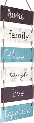 EXCELLO GLOBAL PRODUCTS Large Hanging Wall Sign: Rustic Wooden Decor (Home, Family, Love, Laugh, Live, Happiness) Hanging Wood Wall Decoration (11.75" x 32")