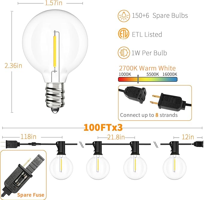 Svater Outdoor String Lights 300 FT, Patio Lights Outside with 156 G40 Shatterproof LED Bulbs, Waterproof Hanging Globe Lighting for Bistro Backyard Cafe Market, Warm White 2700K（3 x 100 FT）