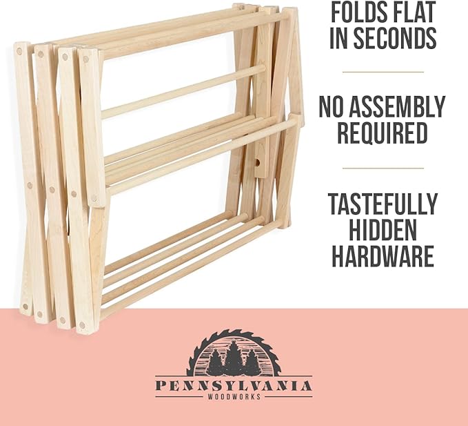 Pennsylvania Woodworks Clothes Drying Rack: Solid Maple Hard Wood Laundry Rack for Sweaters, Blouses, Lingerie & More, Durable Folding Drying Rack, Made in USA, No Assembly Needed, Medium