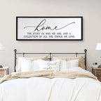 Home The Story of Who We Are Sign Farmhouse Family Wall Decor 32x12 Inch Plaque Wood Framed Art for Hanging (Black)