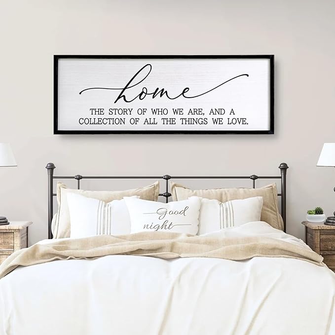 Home The Story of Who We Are Sign Farmhouse Family Wall Decor 32x12 Inch Plaque Wood Framed Art for Hanging (Black)