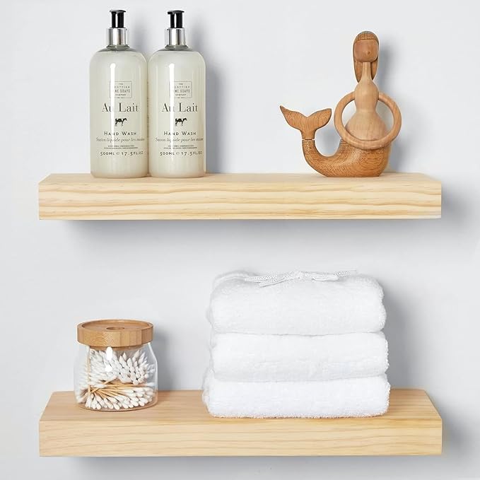 Homeforia 18 inch Wood Floating Shelves, High End Solid Natural Wood 18inch Floating Shelf for Wall Mounted, Unfinished Wooden 18in Floating Shelves, Heavy Duty Bracket, 18 X 6.5 X 1.75 inch, Set of 4