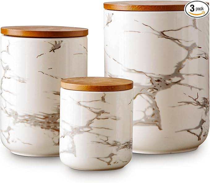Ceramic Canister Set with Bamboo Airtight Lids, 3-Piece Kitchen Storage Jars (48oz, 30oz, 12oz) – White with Gold Marble Pattern, Glossy Finish, for Coffee, Sugar, Flour & More