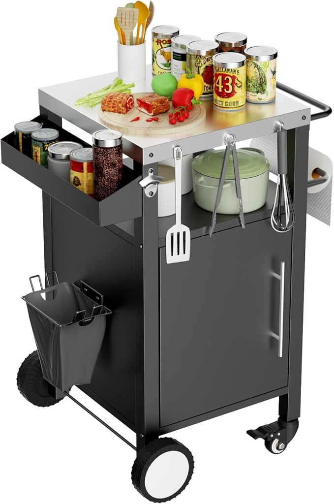 KEIKI Outdoor Grill Cart with Storage and Wheels, Rolling BBQ Prep Table with Spice Rack, Hooks, and Side Handles, Black Metal Bar Cart for Patio Kitchen and Grilling Accessories