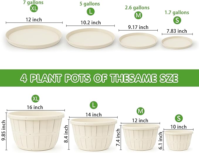 Quarut Plant Planters Pots Set of 4 Pack 16 Inch，Large Plastic Flower Pot for Indoor Plants with Drainage Holes & Trays, Whiskey Barrel Planters with Saucer for House Outdoor Garden Plant（White）
