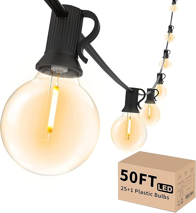 Svater Outdoor String Lights 50 FT, Patio LED Lights Outside with 26pcs Bulbs, Waterproof Shatterproof Hanging Globe Light Connectable for Bistro Cafe Backyard Balcony Warm White