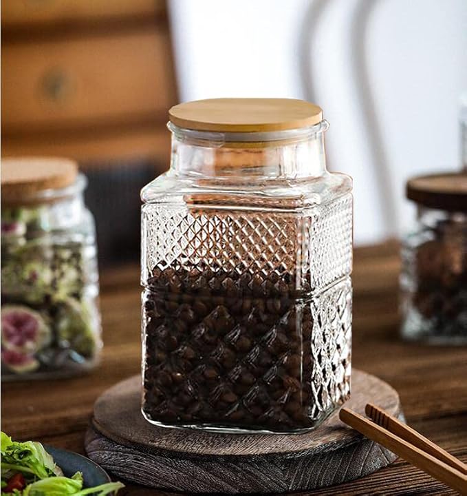 Large Glass Storage Jar, 60 FL OZ Glass Food Storage Containers with Bamboo Lid, Kitchen Containers Cereal Canisters Decorative Jar for Candy Snack Cookies Coffee Tea Nuts Airtight Glass Jars (Square)